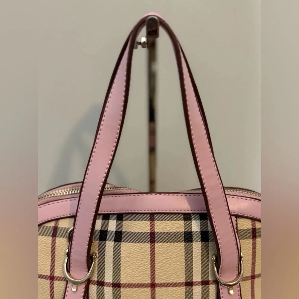 Plaid Dome Satchel Shoulder Bag Coated Canvas Pink Faux Leather Trim